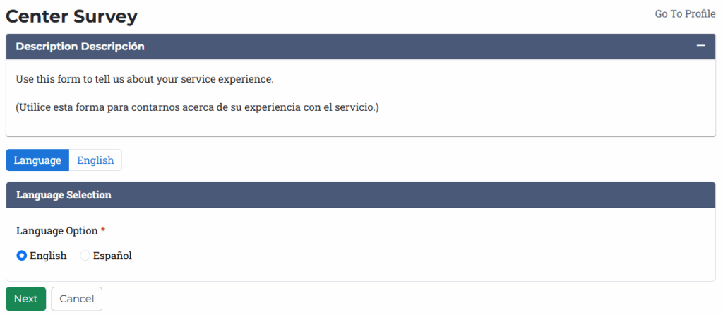 A form reading: "Use this form to tell us about your service experience. (Utilice esta forma para contarnos acerca de su experiencia con el servicio.)"