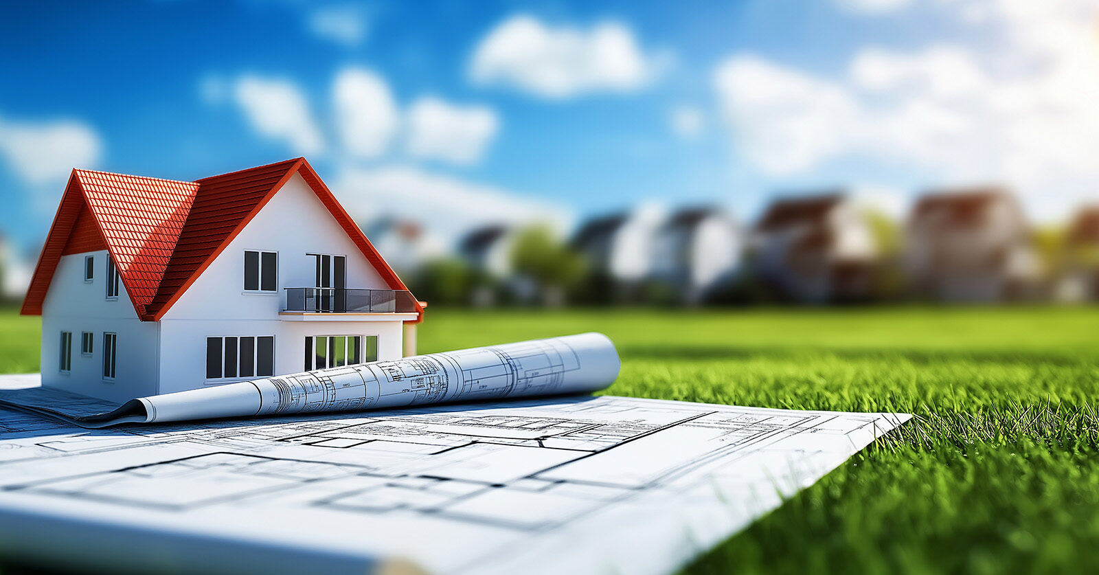 model home with building plans on grass